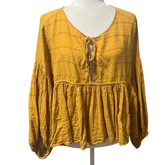 Free People Mustard Peasant Blouse Top – Boho Textured Gauze – Size L - Picture 2 of 9